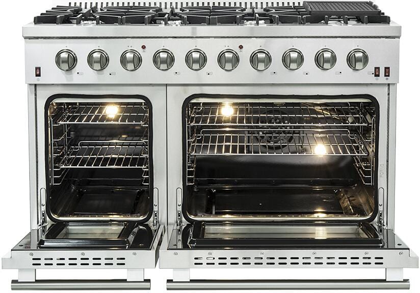 Forno Package, a high-value set featuring a 48 in. Galiano Gas Range with 8 Defendi Italian Burners, a Savona Wall Mount Range Hood with 1,200 CFM ventilation, and an efficient 24 in. Stainless Steel Dishwasher. This package is designed for those who cherish luxury kitchen aesthetics and top-notch functionality. The gas range ensures even cooking with convection technology and easy pot transfer with continuous cast iron grates, complemented by halogen lighting and sealed burners