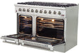 Forno Appliance Package- 48" Inch Gas Range, Wall Mount Range Hood, AP-FFSGS6244-48. This set is designed for those planning a kitchen remodel who demand both style and functionality at a great value. The gas range boasts continuous cast iron grates for easy movement of pots and pans, halogen lighting for clear visibility, sealed burners for effortless cleaning, and a cETLus certification ensuring adherence to North American safety standards.