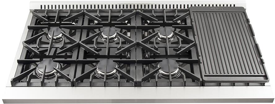 Forno Appliance Package- 48" Inch Gas Range, Wall Mount Range Hood, AP-FFSGS6244-48. This set is designed for those planning a kitchen remodel who demand both style and functionality at a great value. The gas range boasts continuous cast iron grates for easy movement of pots and pans, halogen lighting for clear visibility, sealed burners for effortless cleaning, and a cETLus certification ensuring adherence to North American safety standards.