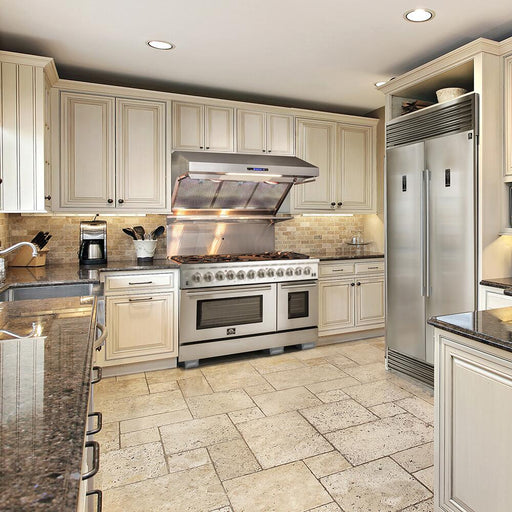Forno Appliance Package, the ultimate choice for luxury kitchen remodels. This set includes a 48 in. Galiano Gas Range with 8 Defendi Italian Burners, a 48 in. Savona Wall Mount Range Hood for superior ventilation, and a spacious 60 in. Refrigerator & Freezer. Engineered for performance, the range features continuous cast iron grates, halogen lighting, sealed burners for spill containment, and convection cooking for even heat distribution. 