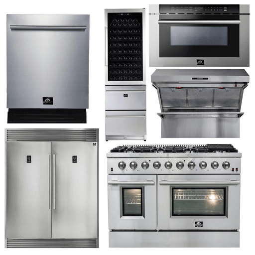 Elevate your kitchen with the Forno Appliance Package, ideal for any luxury kitchen remodel. This comprehensive bundle includes a 48 in. Gas Range with 8 Italian Burners, a high-capacity 60 in. Refrigerator & Freezer, an efficient 24 in. Dishwasher, a sleek Microwave Drawer, and an elegant Wine Cooler. Designed for the modern home, each appliance combines functionality with sophistication. The Gas Range features continuous cast iron grates, halogen lighting, sealed burners, and convection cooking 