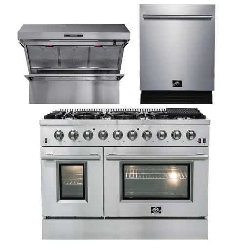 Forno Package, a high-value set featuring a 48 in. Galiano Gas Range with 8 Defendi Italian Burners, a Savona Wall Mount Range Hood with 1,200 CFM ventilation, and an efficient 24 in. Stainless Steel Dishwasher. This package is designed for those who cherish luxury kitchen aesthetics and top-notch functionality. The gas range ensures even cooking with convection technology and easy pot transfer with continuous cast iron grates, complemented by halogen lighting and sealed burners