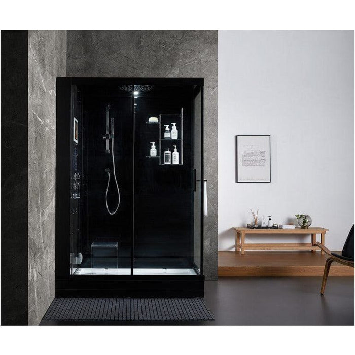 Maya Bath Platinum Anzio Luxury Acupressure Steam Shower Black Left 211 Finished with sleek white or black glass rear panelling and a clear glass front this striking steam enclosure design will be the highlight in any bathroom. This model combines all the health benefits associated with steam sessions along with a built-in Smart TV, bluetooth control panel, overhead spot lighting, rainfall shower, six recessed body jets, seating, shelving and thermostatic water control.