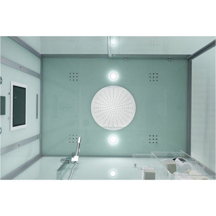 Maya Bath Platinum Anzio Luxury Rainfall Steam Shower White Right 208 Finished with sleek white or black glass rear panelling and a clear glass front this striking steam enclosure design will be the highlight in any bathroom. This model combines all the health benefits associated with steam sessions along with a built-in Smart TV