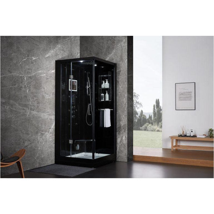 Maya Bath Platinum Arezzo Luxury Modern Steam Shower Black Left 203 Few steam showers provide the striking, elegant finish of the Arezzo. Combining straight lines, modern European styling with a chic white or black backing, the Arezzo is sure to be the centre-piece of most bathrooms. The 37” x 37” steam shower is compactly designed to fit into most bathrooms, including a removable bench seat, stainless steel fixtures and finished with safety tempered glass.