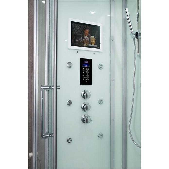 Maya Bath Platinum Lucca Luxury Rainfall Ceiling 2-Person Steam Shower Finished with sleek white or black glass rear panelling and a clear glass front this striking steam enclosure design will be the highlight in any bathroom. This model combines all the health benefits associated with steam sessions along with an built-in Smart TV, bluetooth control panel, overhead spot lighting, rainfall shower, six recessed body jets, seating, shelving and thermostatic water control. The Lucca steam shower 