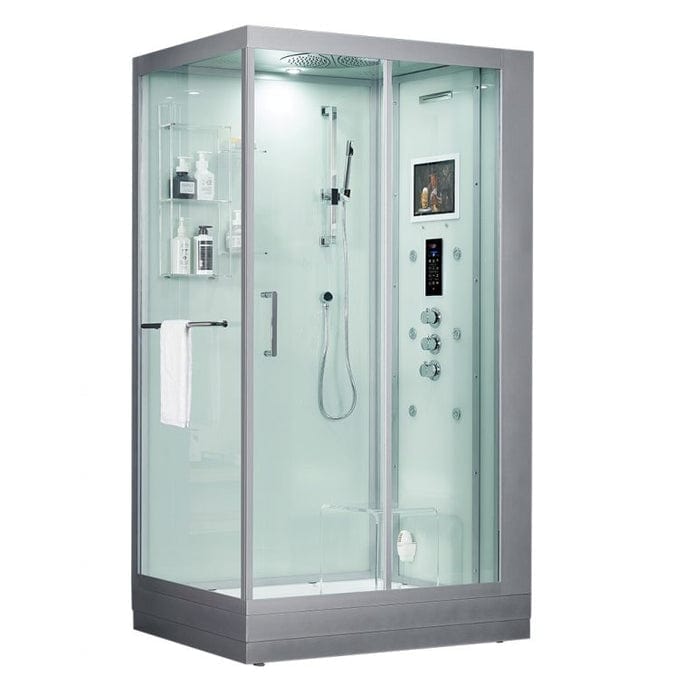 Maya Bath Platinum Lucca Luxury Rainfall Ceiling 2-Person Steam Shower Finished with sleek white or black glass rear panelling and a clear glass front this striking steam enclosure design will be the highlight in any bathroom. This model combines all the health benefits associated with steam sessions along with an built-in Smart TV, bluetooth control panel, overhead spot lighting, rainfall shower, six recessed body jets, seating, shelving and thermostatic water control. The Lucca steam shower 