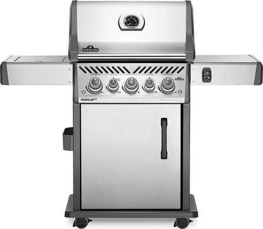 Napoleon BBQ SE 425 RSIB Stainless Steel Propane Gas Grill RSE425RSIBPSS-1 The Napoleon Rogue® SE 425 Stainless Steel Propane Gas Grill with Infrared Side Burner and Rear Burner is a durable stainless steel grill. Featuring three main burners, a rear rotisserie burner, and a high top lid, this grill has everything you need to create gourmet meals. Sear restaurant-style steaks on the integrated sear station, while generous side shelves provide plenty of prep space.