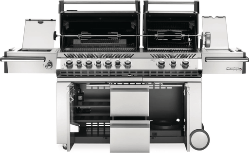 Napoleon BBQ Prestige Pro 825 Stainless Steel - 6 Burner (Infrared Side & Rear) Gas Grill PRO825RSBINSS-3 Napoleon's Prestige PRO™ 825 Natural Gas Grill with a Power Side Burner and Infrared Rear and Bottom Burners proves that two heads are better than one. On the outside, a shining stainless steel body provides durability against the elements while chrome details add luxury. The LED Spectrum NIGHT LIGHT™ Control Knobs have near limitless color options making night-time entertaining a breeze