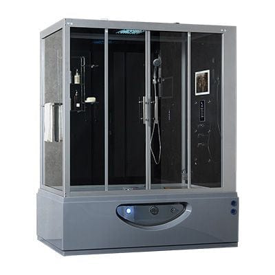 Maya Bath Grey Platinum Catania Steam Shower - Right (107), featuring a built-in heater pump, 27 whirlpool massage jets, 6 acupuncture massage jets, and a 12-inch smart TV with phone and Bluetooth connectivity. 10-year warranty included