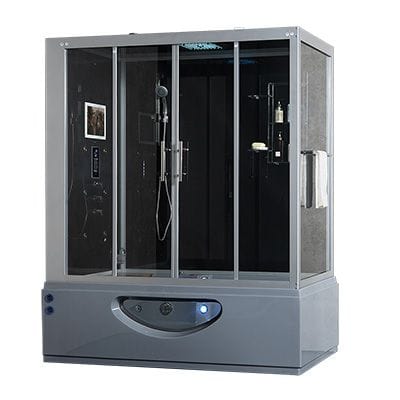 Maya Bath Grey Platinum Catania Steam Shower - Left (111), featuring a built-in Heater Pump, 27 Whirlpool Massage Jets, 6 Acupuncture Massage Jets, and a 12-inch Smart TV with Phone and Bluetooth connectivity. 10-year warranty included