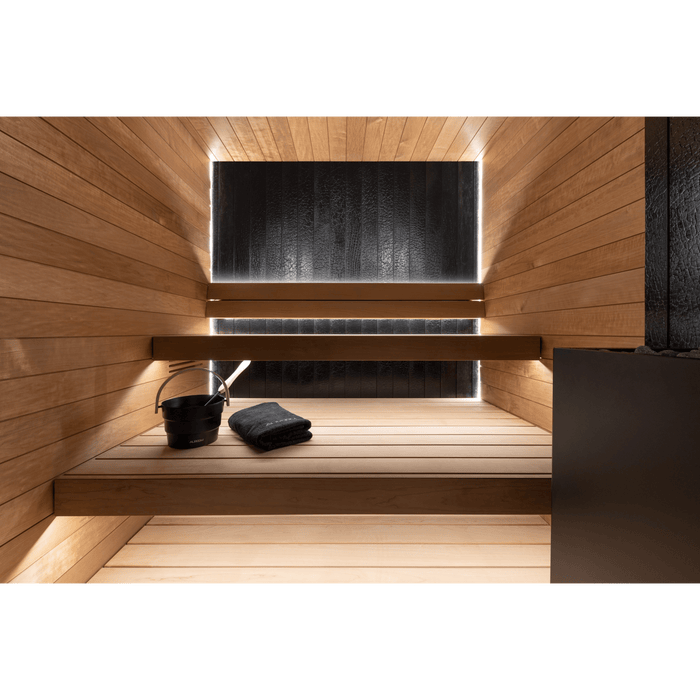 Auroom Vulcana Modern Cabin Style DIY 4 Person Indoor Sauna Kit FOR EXCLUSIVE PRICING TEXT OR CALL AT 1-408-337-2303   This sauna is designed for easy DIY assembly and offers a stylish and elegant sauna experience. The combination of materials, glass elements, and LED lighting creates a captivating ambiance.