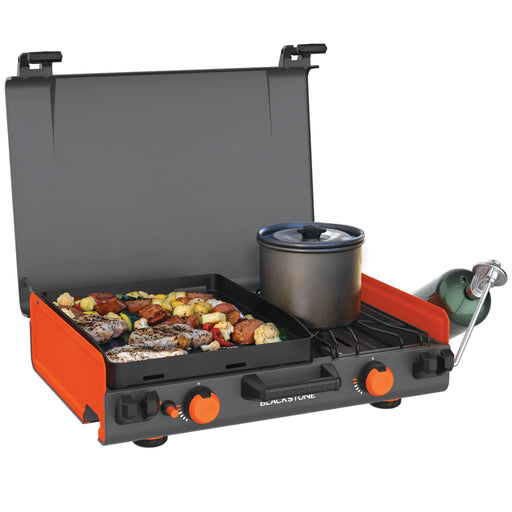 Blackstone 12x14" Camping Griddle and Side Burner For Outdoor Adventures

Pack your Griddle in the car and enjoy delicious meals wherever you end up. Built with a protective hood, latches, a handle, and a stow-and-go rear grease cup, this griddle packs up like a briefcase that is easy to carry with you. A 280 sq. in. Griddle and side burner with 14,400 combined BTUs make it easy to cook up your favorite griddle foods with the added versatility of being able to heat water, sauce or soups