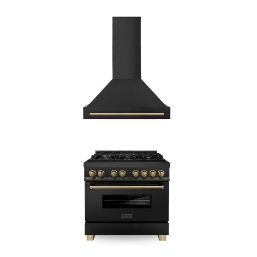 ZLINE Autograph Edition 36 in. Kitchen Package with Black Stainless Steel Dual Fuel Range and Range Hood with Champagne Bronze Accents (2AKP-RABRH36-CB)