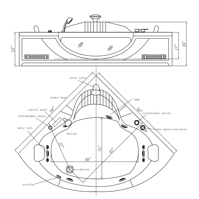 Premium acrylic corner jetted bathtub by Empava - 59-inch whirlpool tub with therapeutic LED lighting, temperature control, and massage jets - modern luxury bathroom fixture EMPV-59JT319LED