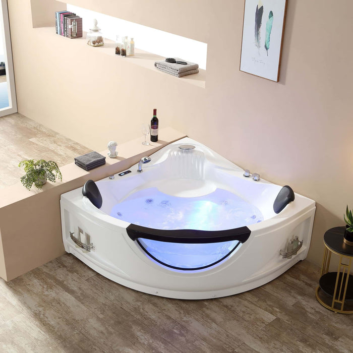 Premium acrylic corner jetted bathtub by Empava - 59-inch whirlpool tub with therapeutic LED lighting, temperature control, and massage jets - modern luxury bathroom fixture EMPV-59JT319LED