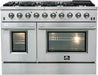 Forno Appliance Package, featuring a 48 in. Galiano Gas Range with 8 Defendi Italian Burners, a powerful Wall Mount Range Hood, and a versatile Microwave Drawer, all in sleek stainless steel. This package is crafted for those who seek a luxury kitchen remodel at an affordable price. The gas range, certified by cETLus, ensures safety and efficiency, offering features like continuous cast iron grates for easy cookware movement, halogen lighting for visibility without door opening, sealed burners