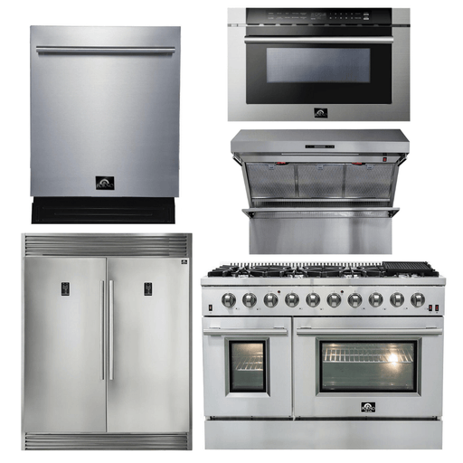  Elevate your kitchen with the Forno Luxury Appliance Bundle, featuring a suite of high-performance, professional-grade appliances. This comprehensive package includes a 48″ Galiano Gas Burner/Oven and a 1200 CFM Range Hood with Back Splash, a 60 in. 27.6 cu. ft. Refrigerator & Freezer, a 24 in. Energy Star Dishwasher, and a 24 in. Microwave Drawer. Enjoy advanced features like continuous cast iron grates, halogen oven lighting, sealed burners, and convection cooking for even, efficient heat distribution. 