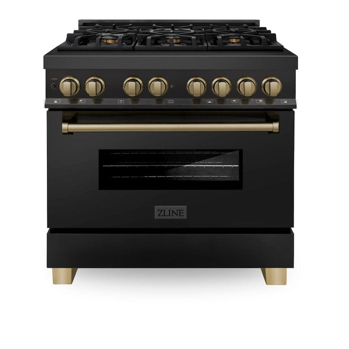 ZLINE Autograph Edition 36 in. 4.6 cu. ft. Legacy Dual Fuel Range with 6 Burner Gas Cooktop and Electric Convection Oven in Black Stainless Steel and Champagne Bronze Accents (RABZ-36-CB)