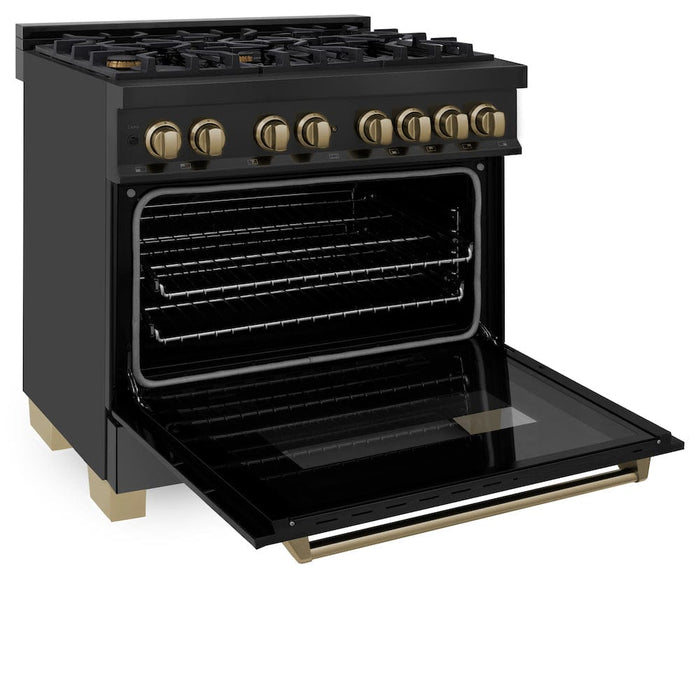 ZLINE Autograph Edition 36 in. 4.6 cu. ft. Legacy Dual Fuel Range with 6 Burner Gas Cooktop and Electric Convection Oven in Black Stainless Steel and Champagne Bronze Accents (RABZ-36-CB)