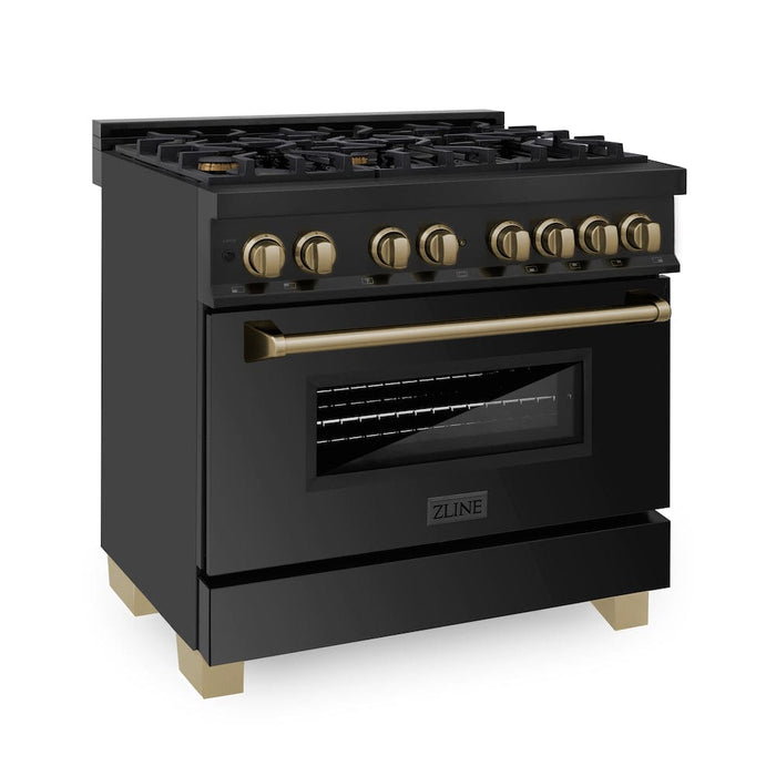 ZLINE Autograph Edition 36 in. 4.6 cu. ft. Legacy Dual Fuel Range with 6 Burner Gas Cooktop and Electric Convection Oven in Black Stainless Steel and Champagne Bronze Accents (RABZ-36-CB)