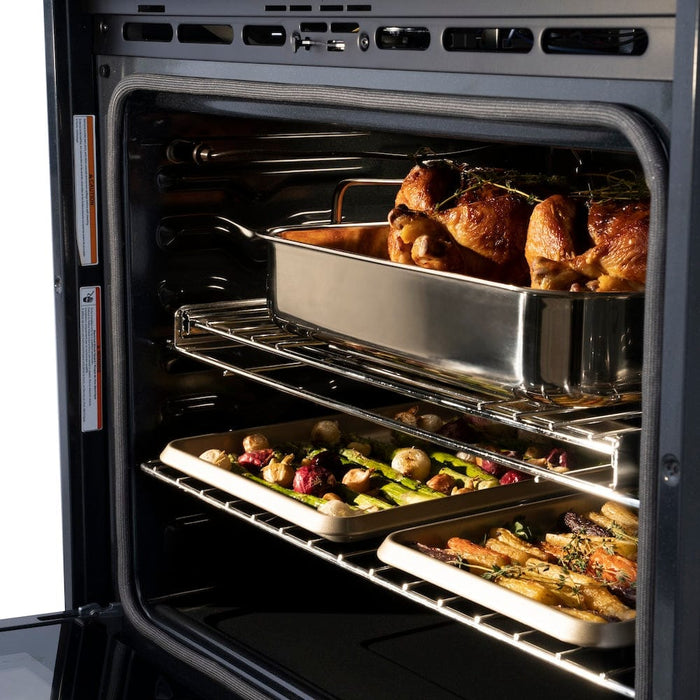 The ZLINE 30 in. Professional True Convection Single Wall Oven with Air Fry and Self Clean in Black Stainless Steel (WASB-30) provides a professional culinary experience by pairing reliable, everyday performance with contemporary convection cooking capabilities and cutting-edge air frying technology