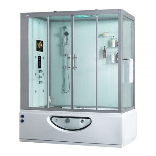 Maya Bath White Platinum Catania Luxury Steam Shower - Left (109) The Catania automated Steam Shower Massage Bathtub features a built-in Heater Pump, 27 Whirlpool Massage Jets, 6 Acupuncture Massage Jets, a 12′′ Smart TV, Phone, and Bluetooth connectivity.  Plus, there's a 10-year warranty!  CATANIA FEATURES  Many calming components may be found inside the Catania Steam Shower, including acupressure massage, aromatherapy, foot massage, and the renowned rainfall ceiling shower.