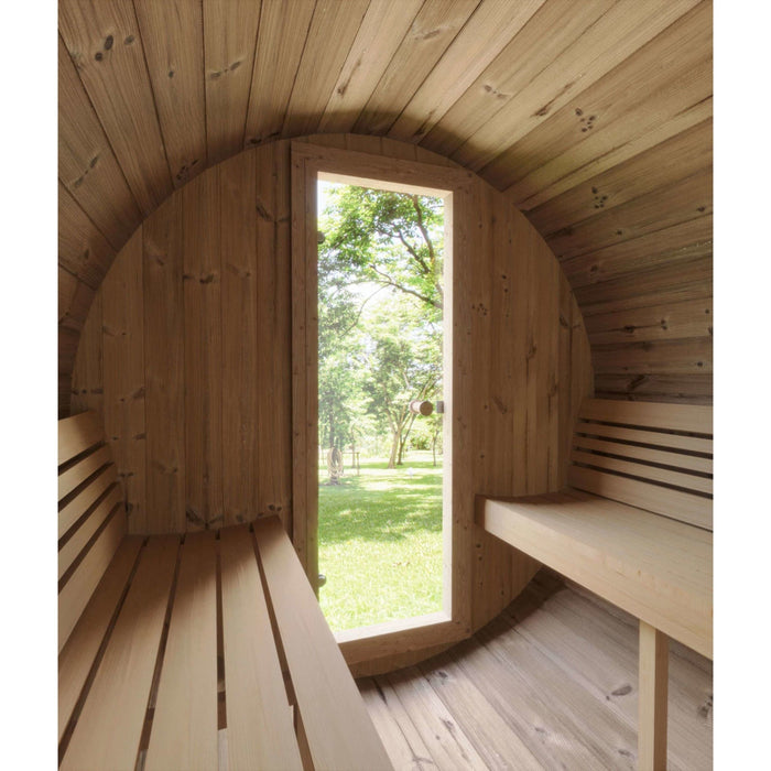 SaunaLife Model E8 6-Person Sauna Barrel Kit Designed and crafted by sauna enthusiasts, the SaunaLife ERGO-Series E8 outdoor sauna barrels were designed to be comfortable, durable and aesthetically pleasing. This 6-Person Sauna Barrel Kit comes with the option of a Full Glass Front Window, a rear Half-Moon Window or No Window (with a glass front door.) Choose your model above.
