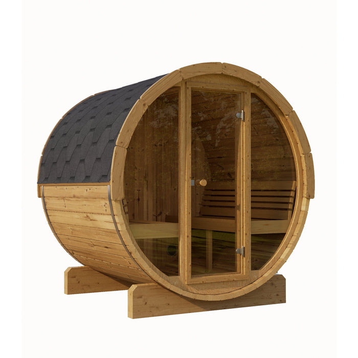 SaunaLife Model E8 6-Person Sauna Barrel Kit Designed and crafted by sauna enthusiasts, the SaunaLife ERGO-Series E8 outdoor sauna barrels were designed to be comfortable, durable and aesthetically pleasing. This 6-Person Sauna Barrel Kit comes with the option of a Full Glass Front Window, a rear Half-Moon Window or No Window (with a glass front door.) Choose your model above.