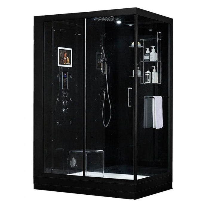 Maya Bath Platinum Anzio Luxury Acupressure Steam Shower Black Left 211 Finished with sleek white or black glass rear panelling and a clear glass front this striking steam enclosure design will be the highlight in any bathroom. This model combines all the health benefits associated with steam sessions along with a built-in Smart TV, bluetooth control panel, overhead spot lighting, rainfall shower, six recessed body jets, seating, shelving and thermostatic water control.