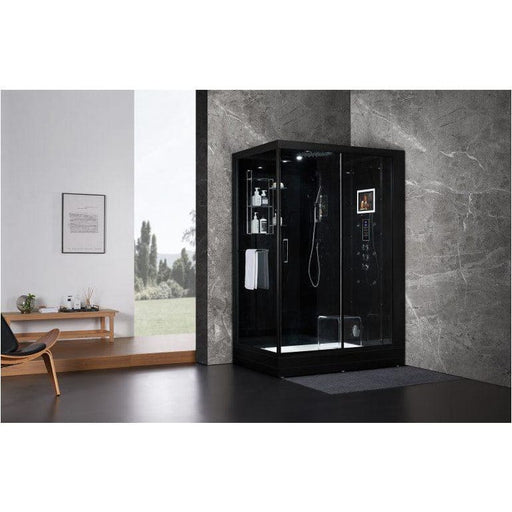 Maya Bath Platinum Anzio Luxury Rainfall Steam Shower Black Right 209 Finished with sleek white or black glass rear panelling and a clear glass front this striking steam enclosure design will be the highlight in any bathroom. This model combines all the health benefits associated with steam sessions along with a built-in Smart TV, bluetooth control panel, overhead spot lighting, rainfall shower, six recessed body jets, seating, shelving and thermostatic water control. The Anzio steam shower