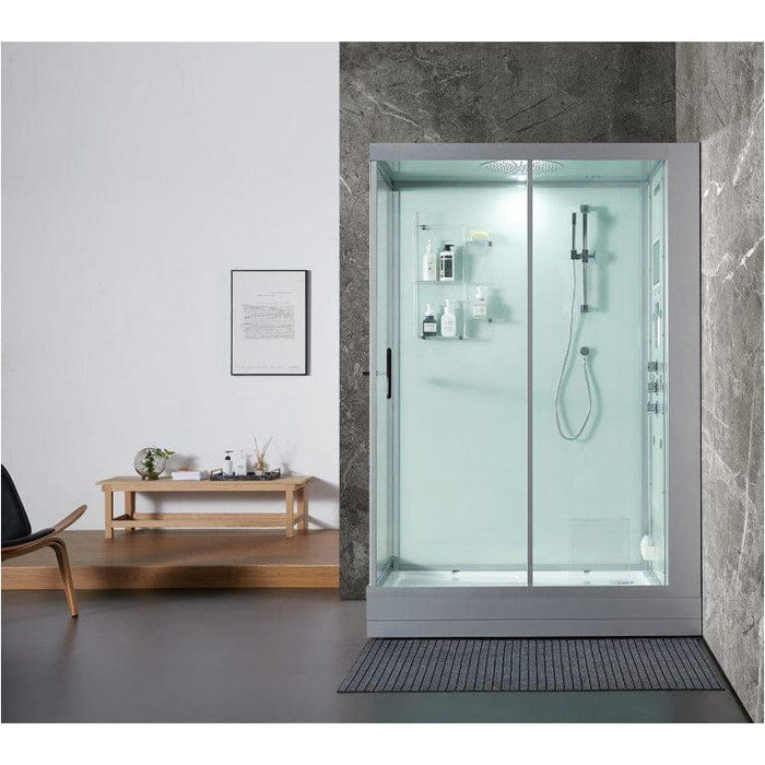 Maya Bath Platinum Anzio Luxury Rainfall Steam Shower White Right 208 Finished with sleek white or black glass rear panelling and a clear glass front this striking steam enclosure design will be the highlight in any bathroom. This model combines all the health benefits associated with steam sessions along with a built-in Smart TV