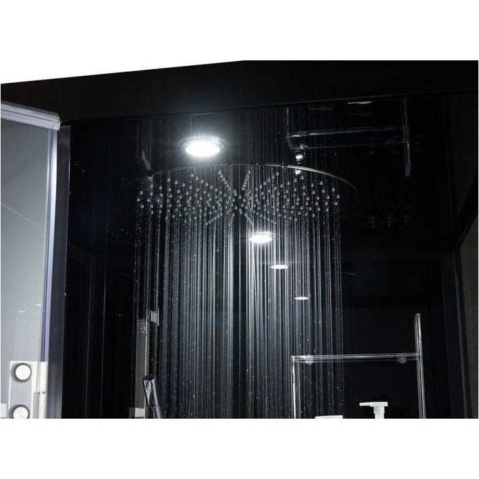 Maya Bath Platinum Arezzo Luxury Modern Steam Shower Black Left 203 Few steam showers provide the striking, elegant finish of the Arezzo. Combining straight lines, modern European styling with a chic white or black backing, the Arezzo is sure to be the centre-piece of most bathrooms. The 37” x 37” steam shower is compactly designed to fit into most bathrooms, including a removable bench seat, stainless steel fixtures and finished with safety tempered glass.