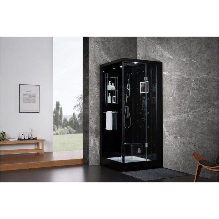 Maya Bath Platinum Arezzo Luxury Modern Steam Shower Black Right 201 Few steam showers provide the striking, elegant finish of the Arezzo. Combining straight lines, modern European styling with a chic white or black backing, the Arezzo is sure to be the centre-piece of most bathrooms. The 37” x 37” steam shower is compactly designed to fit into most bathrooms, including a removable bench seat, stainless steel fixtures and finished with safety tempered glass.