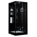Maya Bath Platinum Arezzo Luxury Modern Steam Shower Black Right 201 Few steam showers provide the striking, elegant finish of the Arezzo. Combining straight lines, modern European styling with a chic white or black backing, the Arezzo is sure to be the centre-piece of most bathrooms. The 37” x 37” steam shower is compactly designed to fit into most bathrooms, including a removable bench seat, stainless steel fixtures and finished with safety tempered glass.