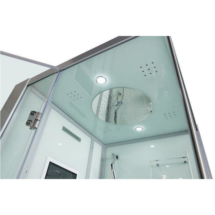 Maya Bath Platinum Arezzo Luxury Modern Steam Shower White Left 202 Few steam showers provide the striking, elegant finish of the Arezzo. Combining straight lines, modern European styling with a chic white or black backing, the Arezzo is sure to be the centre-piece of most bathrooms. The 37” x 37” steam shower is compactly designed to fit into most bathrooms, including a removable bench seat, stainless steel fixtures and finished with safety tempered glass.