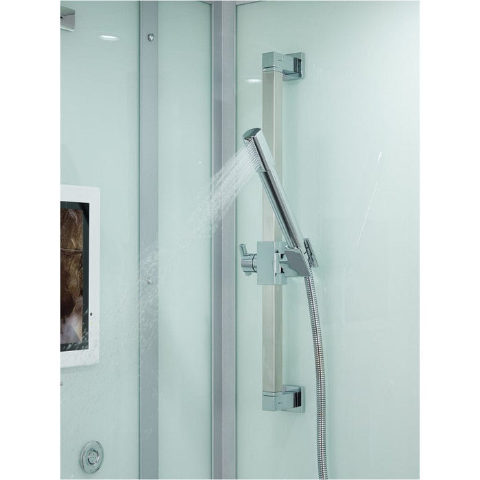 Maya Bath Platinum Arezzo Luxury Modern Steam Shower White Right 200 Few steam showers provide the striking, elegant finish of the Arezzo. Combining straight lines, modern European styling with a chic white or black backing, the Arezzo is sure to be the centre-piece of most bathrooms. The 37” x 37” steam shower is compactly designed to fit into most bathrooms, including a removable bench seat, stainless steel fixtures and finished with safety tempered glass.