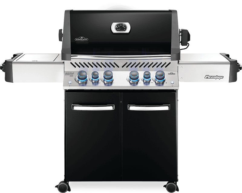 Napoleon BBQ Prestige 500 BLACK Gas Grill P500RSIBNK-3  The Napoleon Prestige® 500 Natural Gas Grill with Infrared Side and Rear Burners is the total grilling package; this cart model has the capabilities of a full outdoor kitchen. With four main burners, an infrared rear and side burner, this grill can cook meals using eight unique cooking styles. Grill for a crowd with a capacity for up to thirty hamburgers, and up to eight more on the side burner. 