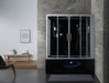 Maya Bath Black Platinum Catania Steam Shower - Right (106), featuring a built-in heater pump, 27 whirlpool massage jets, 6 acupuncture massage jets, and a 12-inch smart TV with phone and Bluetooth connectivity. 10-year warranty included.