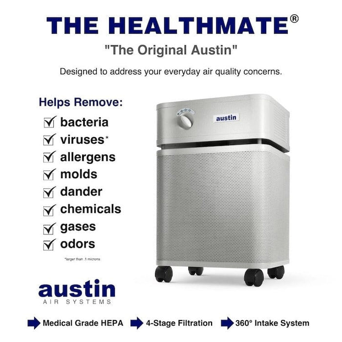 Clinically Proven, Medical Grade Air Purifier The Austin Air HealthMate was designed to address your everyday air quality concerns. The Medical Grade HEPA technology is proven to remove up to 95% of all airborne contaminants as small as 0.1 microns. This includes viruses*, bacteria, dust, dander and allergens. The carbon blend used in this filter will also effectively remove chemicals, gases and odors. The Austin Air HealthMate will significantly improve the quality of air in your home.