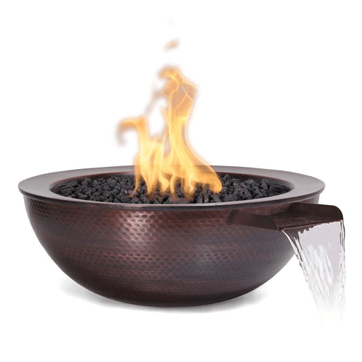 The Outdoor Plus 27" Sedona Fire and Water Bowl - Hammered Copper Specifications Ignition Type:	Match Lit	12V Electronic Size:	27"	27" Height:	10"	10" Base:	12"	12" Burner:	8"	8" Scupper:	8"	8" Fuel Type:	Natural Gas or Liquid Propane	Natural Gas or Liquid Propane Maximum Heat Output:	45,000 BTUs	45,000 BTUs Gallons Per Minute:	7-10 (GPM)	7-10 (GPM)