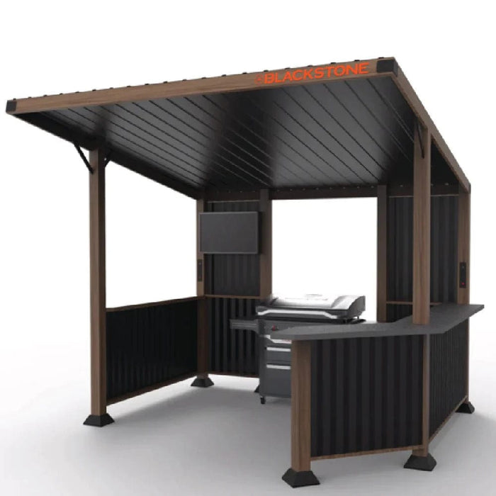 Introducing the Blackstone 10x10 Bar and Grill Pavilion, the perfect addition to your outdoor entertainment space. This innovative pavilion combines the convenience of a bar and grill setup with the ability to plug in your TV, speakers, bistro lights, and more. With two power strips included, you can easily connect and power your electronic devices for a seamless entertainment experience. Crafted with durability in mind, this pavilion features a sturdy construction and a spacious 10x10 size