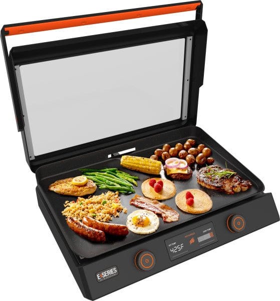 Blackstone E-Series 22" inch Electric Tabletop Griddle - 8001 What do you get when you blend the luxury-like quality of a griddle with 1200 watts of griddle heating technology? The new E-Series 22-inch Tabletop Electric Griddle. Now you can bring all your outdoor cooking indoors! The unit is perfect for those with limited space like an apartment or are looking to bring a hassle and gas free griddle on the road.