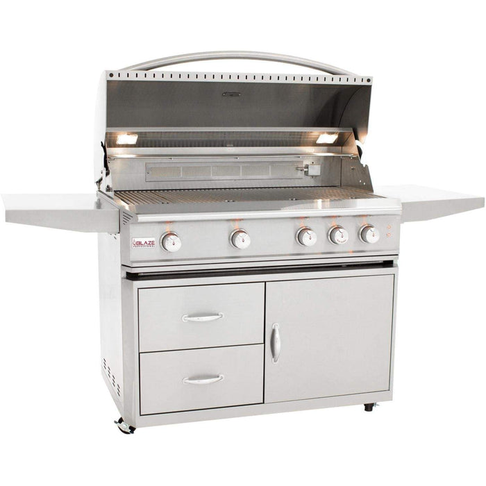 Blaze 4PRO Professional LUX Freestanding 4-Burner Gas Grill, 44-inch provides a high performing luxury grill loaded with features to enhance your grilling experience. The heavy duty 304 stainless steel construction throughout the grill body ensures a long-lasting and durable appliance while the impressive cast stainless steel H-burners offer a commercial quality burner, rated for 18,000 BTU each. The integrated heat zone separators allow you to create distinct grilling zones for direct/indirect grilling