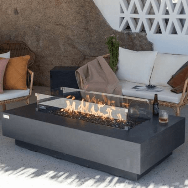 About the Elementi Plus Positano 60" Rectangular Concrete Gas Fire Table  HIGHLIGHTS Easy set-up; Includes lid, 29.7 lbs. of fire glass, and a canvas cover Aluminum lid matches fire table finish Operates on either Liquid Propane or Natural Gas 20 lbs. LP tank does not fit inside; matching tank cover available