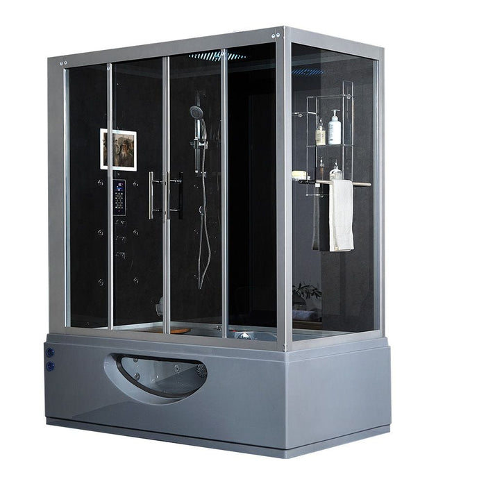 Maya Bath Grey Platinum Catania Steam Shower - Left (111), featuring a built-in Heater Pump, 27 Whirlpool Massage Jets, 6 Acupuncture Massage Jets, and a 12-inch Smart TV with Phone and Bluetooth connectivity. 10-year warranty included