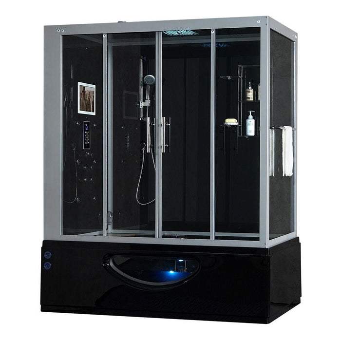 Maya Bath Black Platinum Catania Luxury Steam Shower - Left (110), featuring a built-in Heater Pump, 27 Whirlpool Massage Jets, 6 Acupuncture Massage Jets, a 12-inch Smart TV, Phone, and Bluetooth connectivity. 10-year warranty included