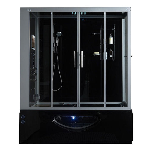 Maya Bath Black Platinum Catania Luxury Steam Shower - Left (110), featuring a built-in Heater Pump, 27 Whirlpool Massage Jets, 6 Acupuncture Massage Jets, a 12-inch Smart TV, Phone, and Bluetooth connectivity. 10-year warranty included