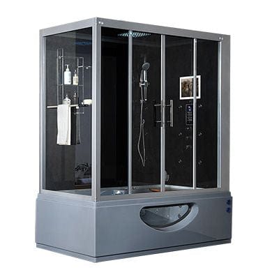 Maya Bath Grey Platinum Catania Steam Shower - Right (107), featuring a built-in heater pump, 27 whirlpool massage jets, 6 acupuncture massage jets, and a 12-inch smart TV with phone and Bluetooth connectivity. 10-year warranty included
